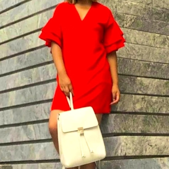 ❤️ Zara Red Mini V Neck Shift Dress Medium Short Ruffle Sleeves - Picture 2 of 7